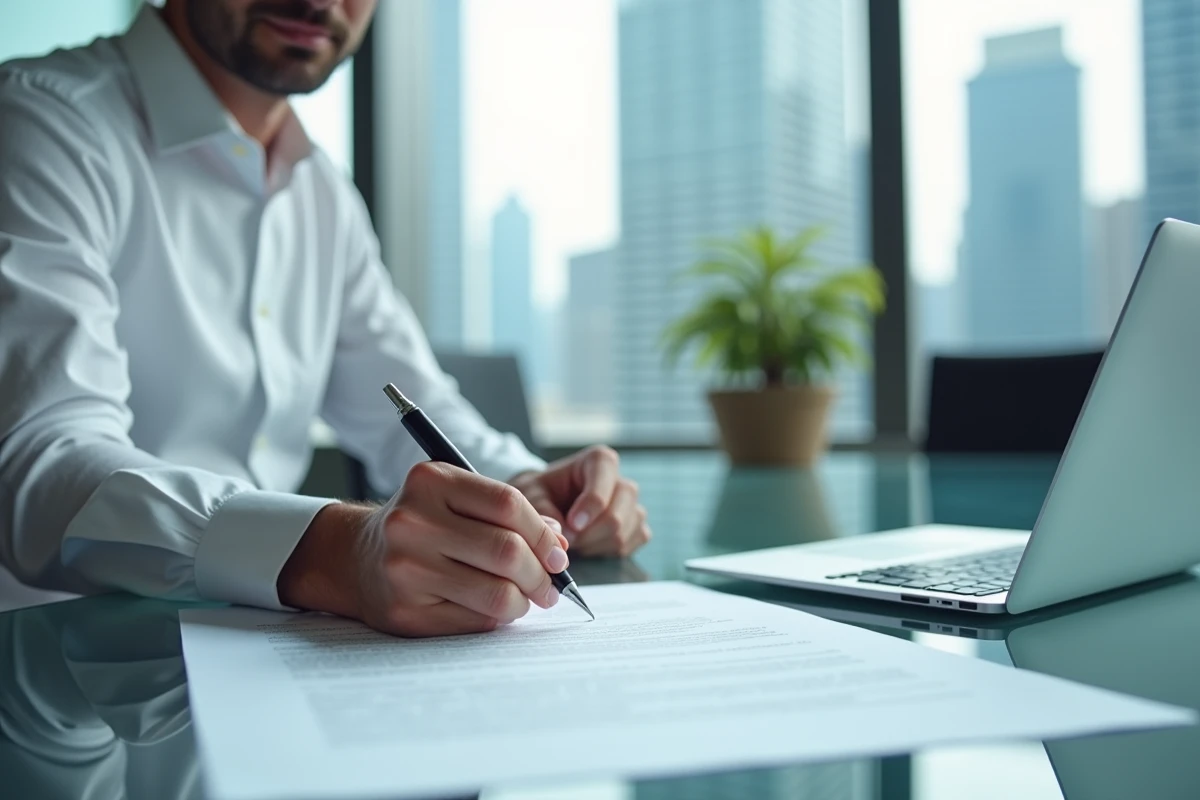 Homme signant un document officiel dans une salle de réunion avec vue sur la ville