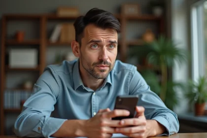 Homme d'âge moyen avec smartphone dans un intérieur cosy