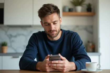 Homme consultant le portail FDJ Professionjeux sur son smartphone depuis sa cuisine