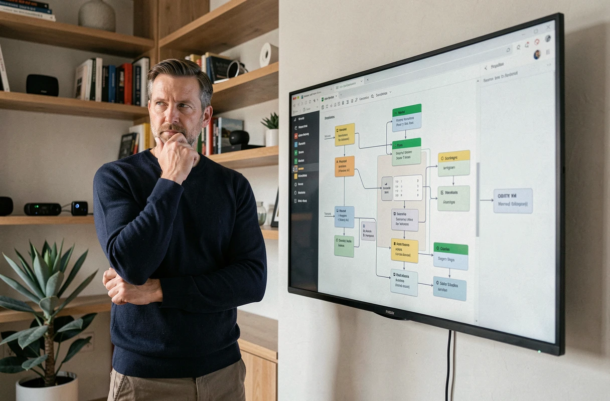 Homme analysant un tableau de bord d'automatisation intelligente sur un grand écran dans un bureau à domicile minimaliste