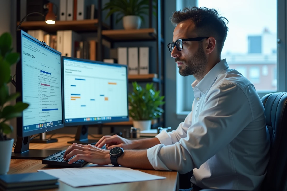 Homme en télétravail calculant ses heures de travail en forfait jours sur ordinateur