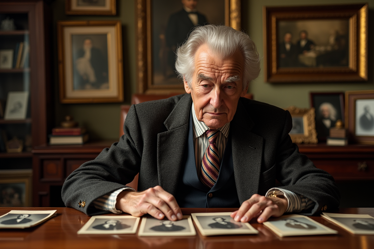 Homme âgé examinant des cartes de visite dans un bureau ancien