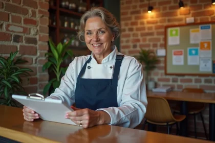 Femme en uniforme de chef dans un lobby d'auberge chaleureuse