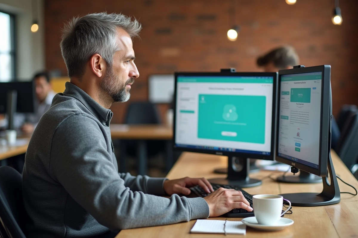 Travailleur indépendant configurant son compte Urssaf dans un espace de coworking