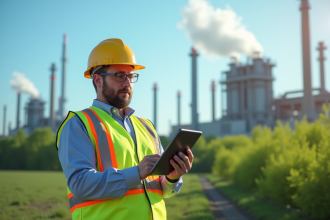 Inspecteur environnement utilisant une tablette à une usine moderne