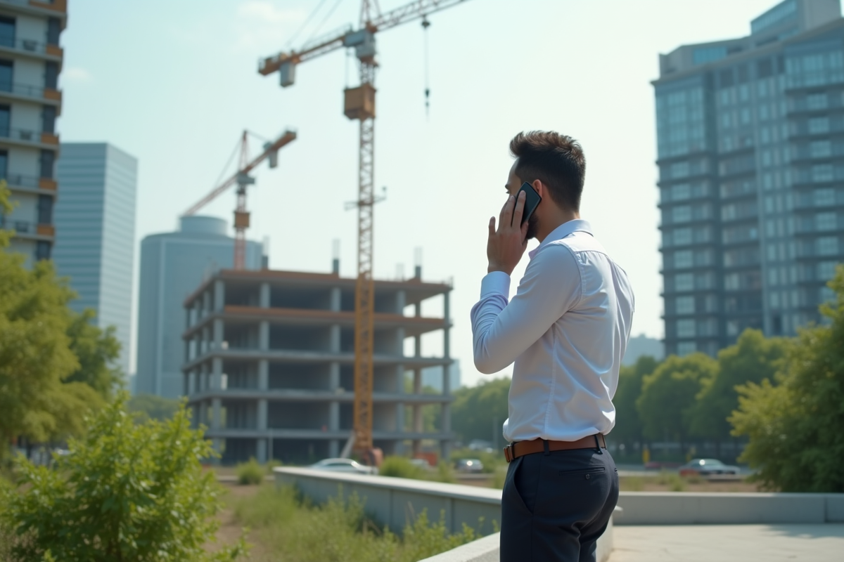 Jeune entrepreneur parlant au smartphone devant un chantier