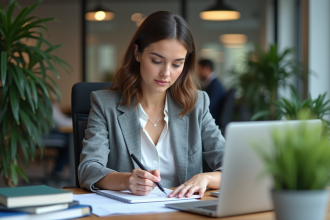 Jeune femme en business casual esquissant un persona marketing