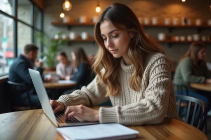 Jeune femme travaillant sur son ordinateur dans un café chaleureux