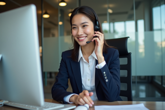 Jeune femme en blazer navy souriante au bureau