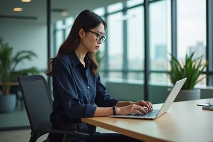 Jeune femme professionnelle travaillant sur son ordinateur dans un bureau moderne