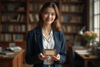 Jeune femme en blazer tenant une carte de visite dans un bureau lumineux