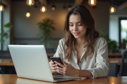 Jeune femme professionnelle analysant ses données sur un ordinateur