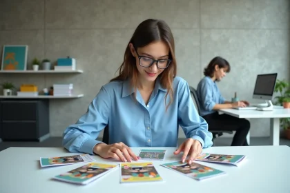 Jeune femme arrangeant des flyers colorés dans un bureau créatif