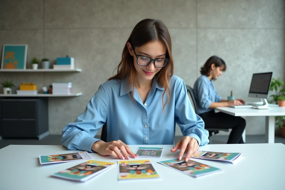 Jeune femme arrangeant des flyers colorés dans un bureau créatif
