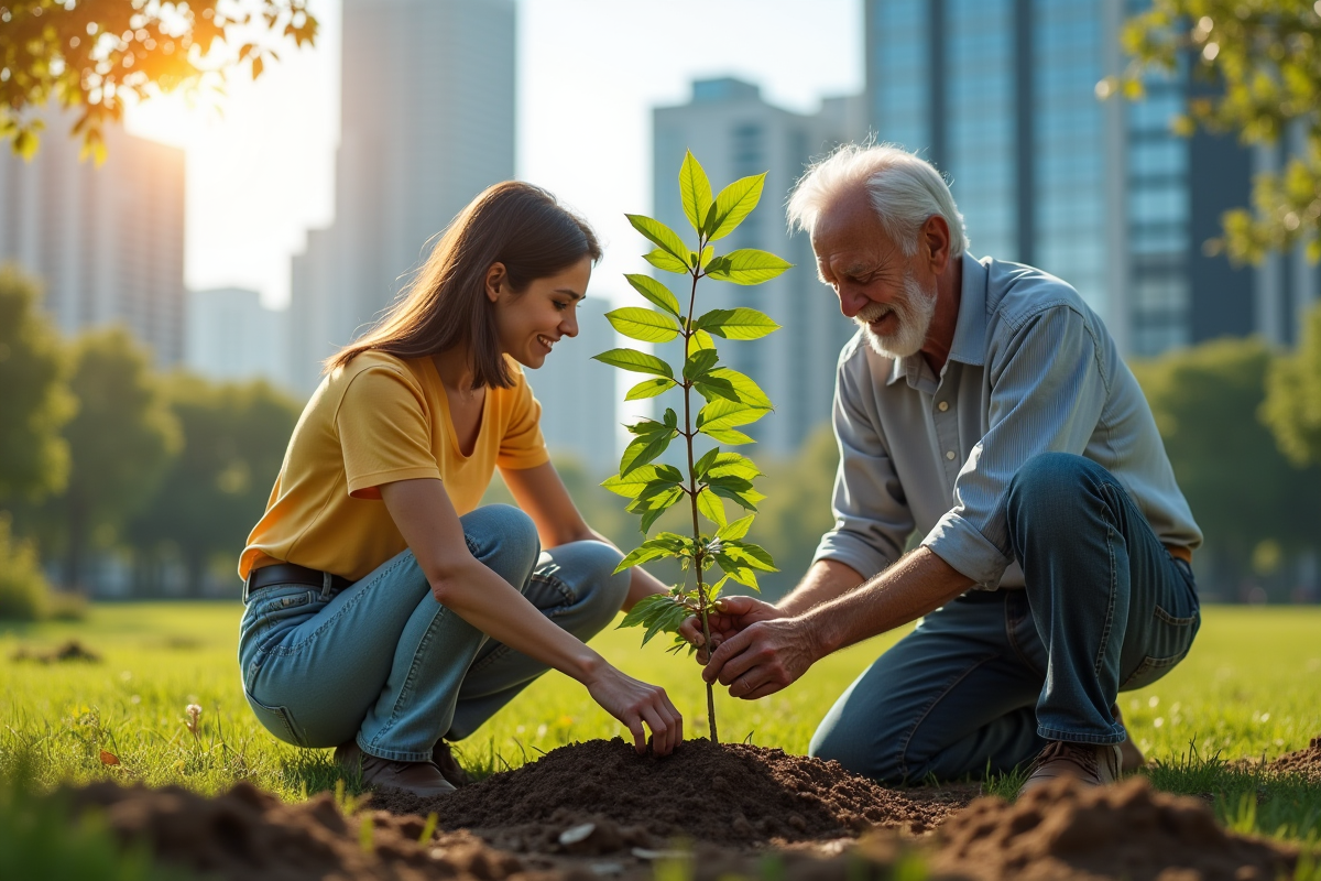 Jeune femme et homme âgé plantant un arbre dans un parc urbain