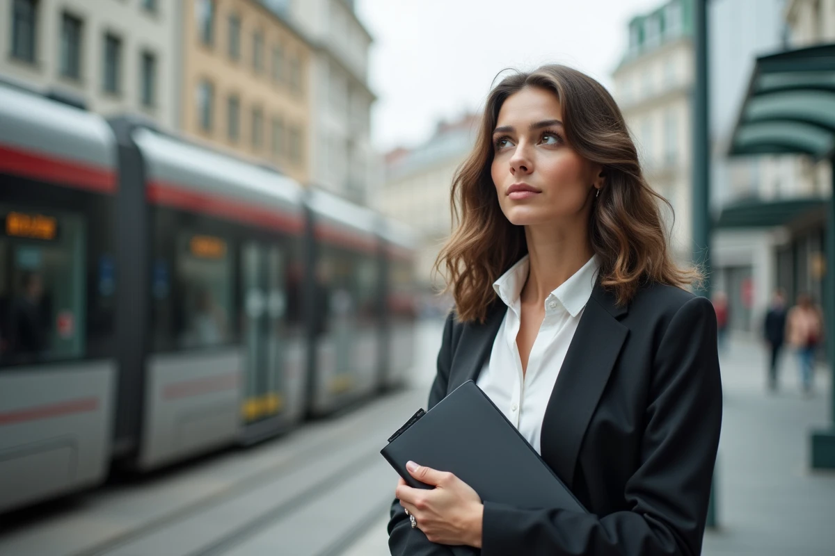 Jeune femme diplômée attendant à un arrêt de tram urbain