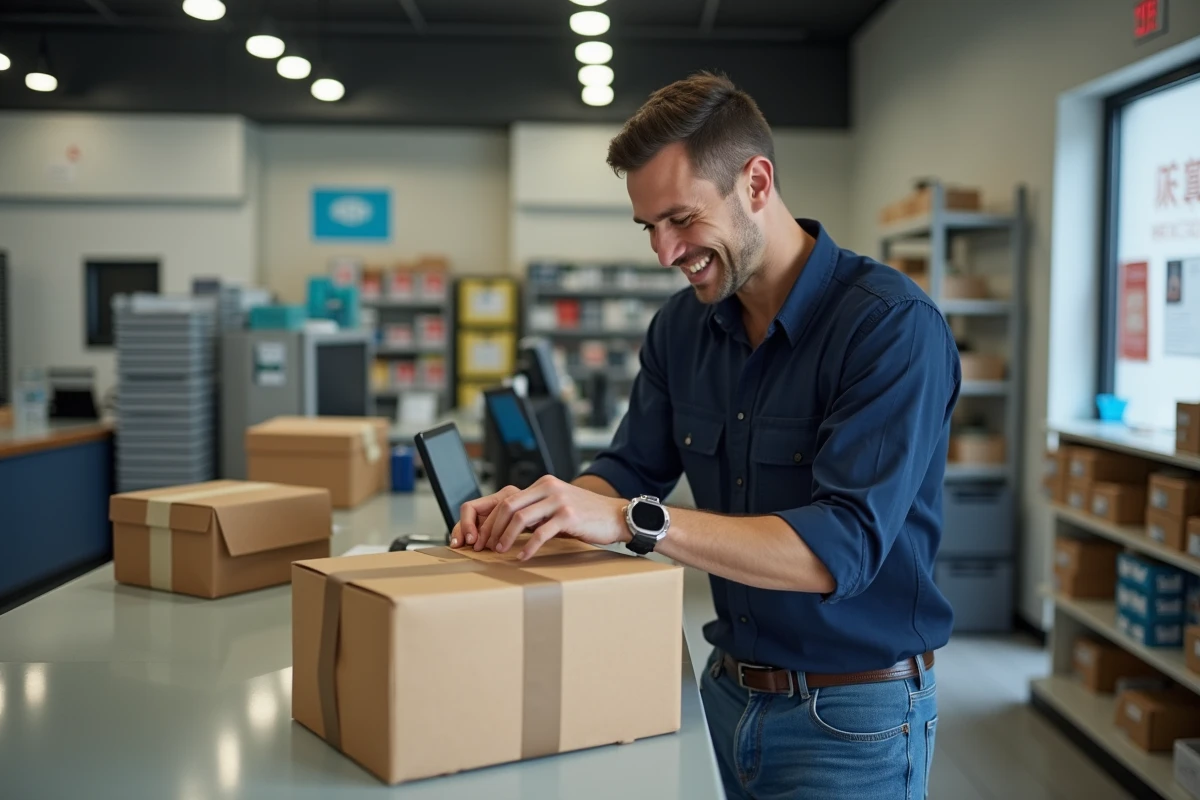 Jeune homme préparant un colis à la poste