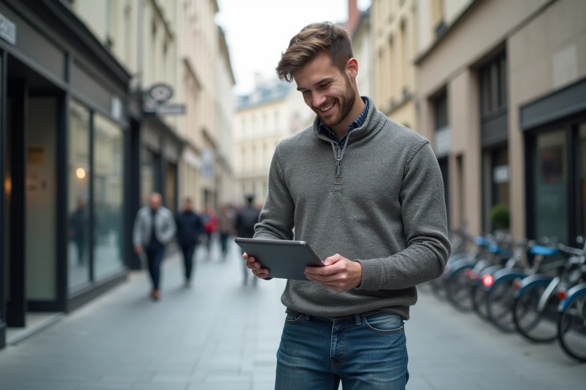 Jeune homme dehors regardant un graphique sur sa tablette