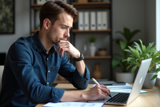 Jeune homme concentré travaillant sur un logo numérique dans un bureau moderne