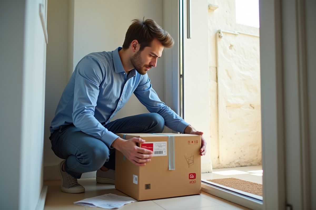 Jeune homme examine un colis La Poste dans son appartement
