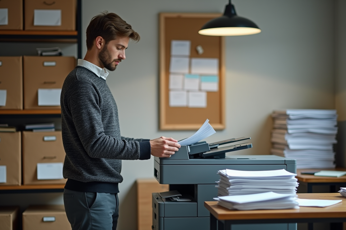 Jeune homme scannant des documents dans un espace d archives