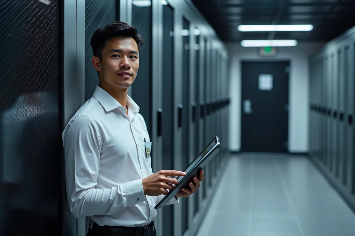 Jeune homme IT avec tablette dans salle serveurs hightech