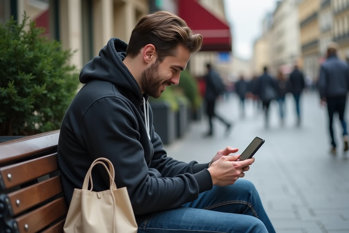 Jeune homme utilisant son smartphone pour contacter Orange dans la rue