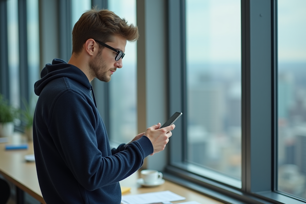 Jeune homme vérifiant son smartphone près d une fenêtre