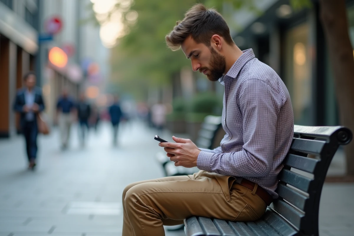 Jeune homme pensif assis en ville avec son téléphone