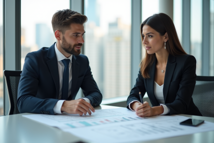 Jeune professionnel et femme discutant plans immobilier