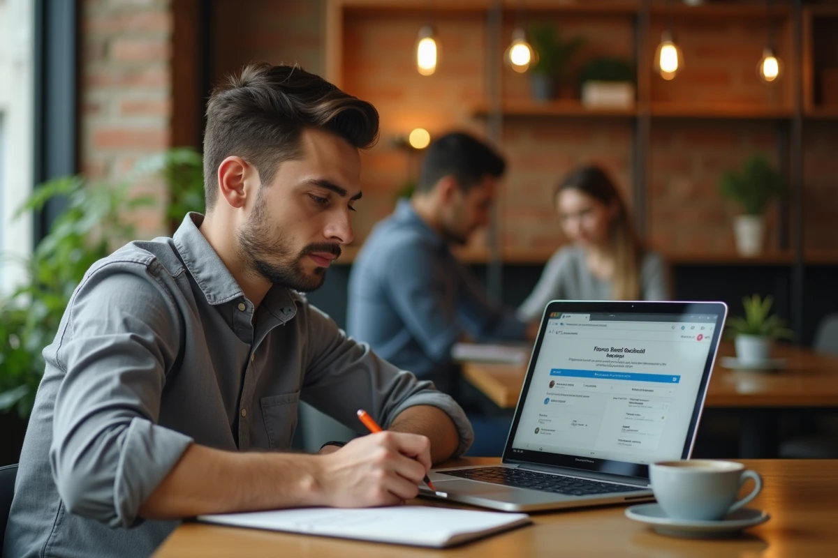 Jeune professionnel en formation en ligne sur une plateforme business et finance dans un espace de coworking parisien