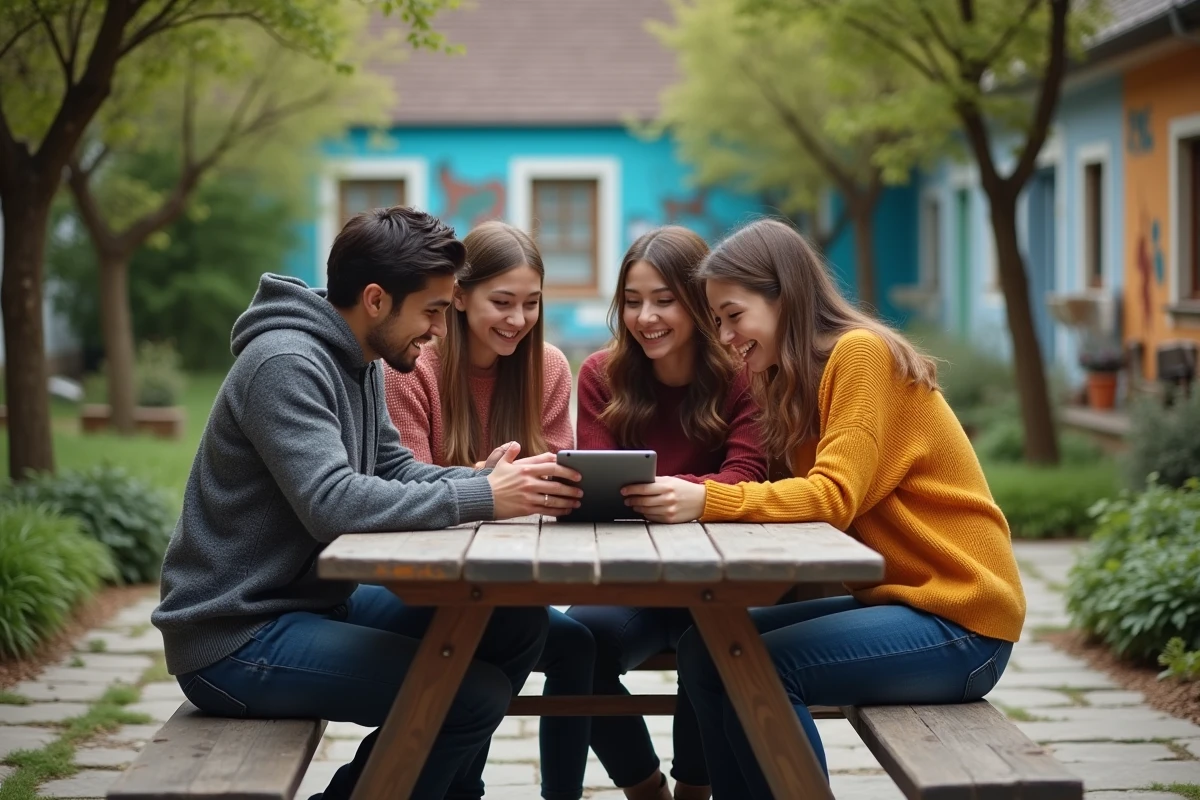 Groupe de jeunes discutant dans un jardin d
