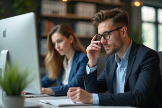 Jeune homme et femme concentrés dans un bureau moderne