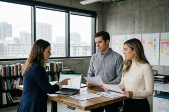 Jeunes professionnels dans un bureau de startup examinant des documents liés au statut JEI pour entreprises innovantes