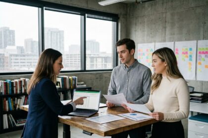 Jeunes professionnels dans un bureau de startup examinant des documents liés au statut JEI pour entreprises innovantes