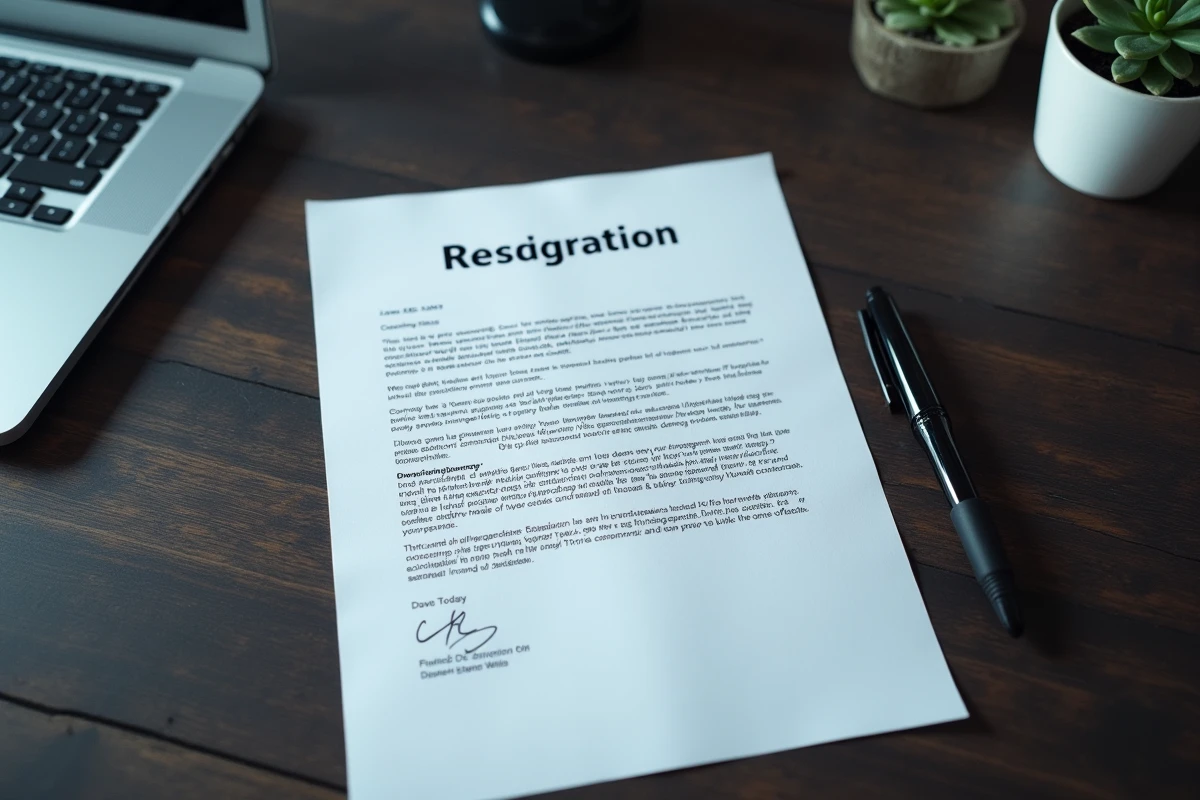 Vue aérienne d'une lettre de démission posée sur un bureau en bois avec un stylo et une plante