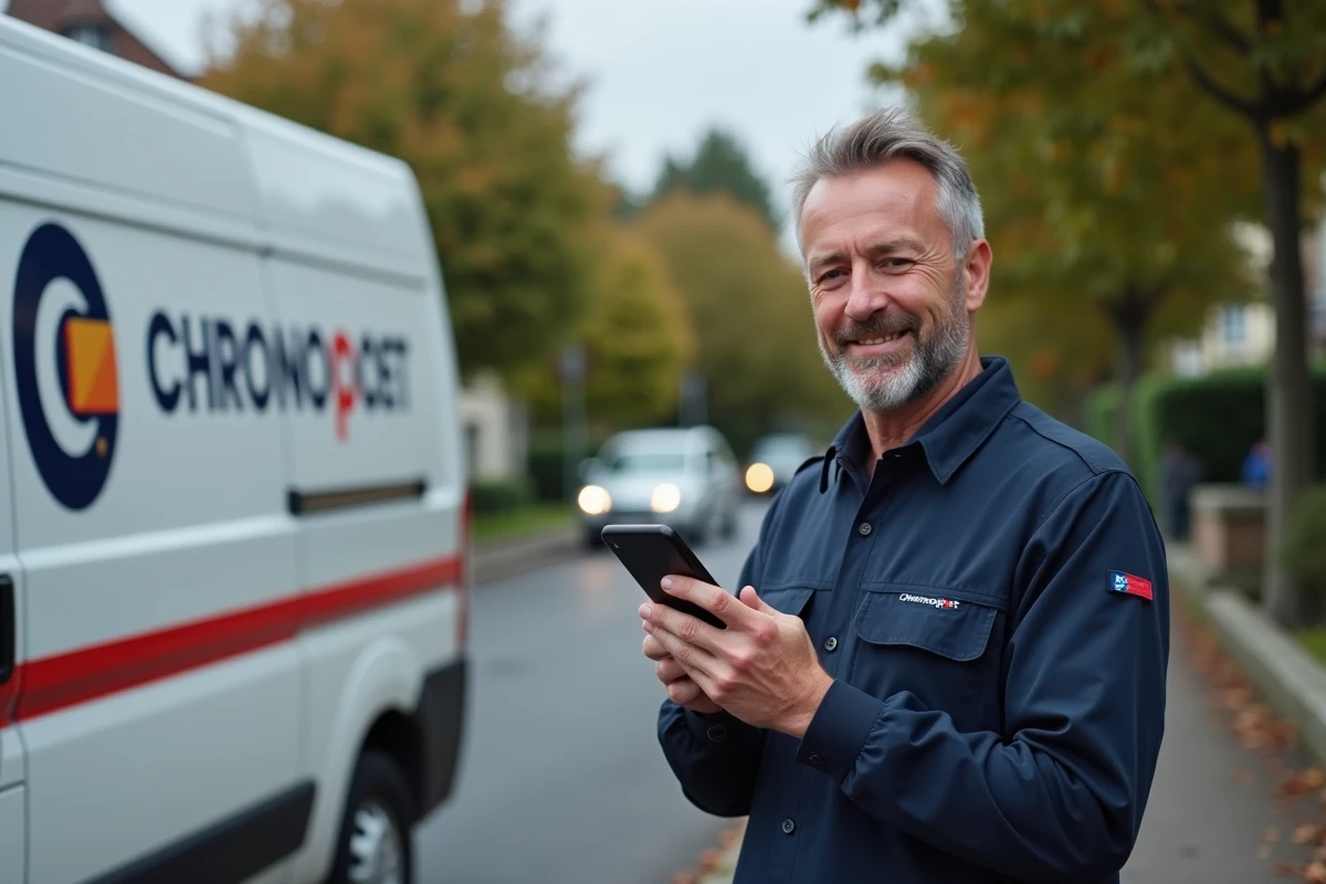 Livreur Chronopost consultant un bon de réduction CSE sur son smartphone devant son véhicule de livraison