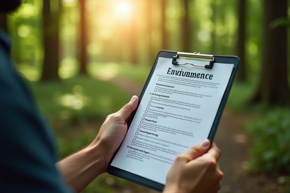 Mains tenant un clipboard avec une checklist environnementale dans la forêt