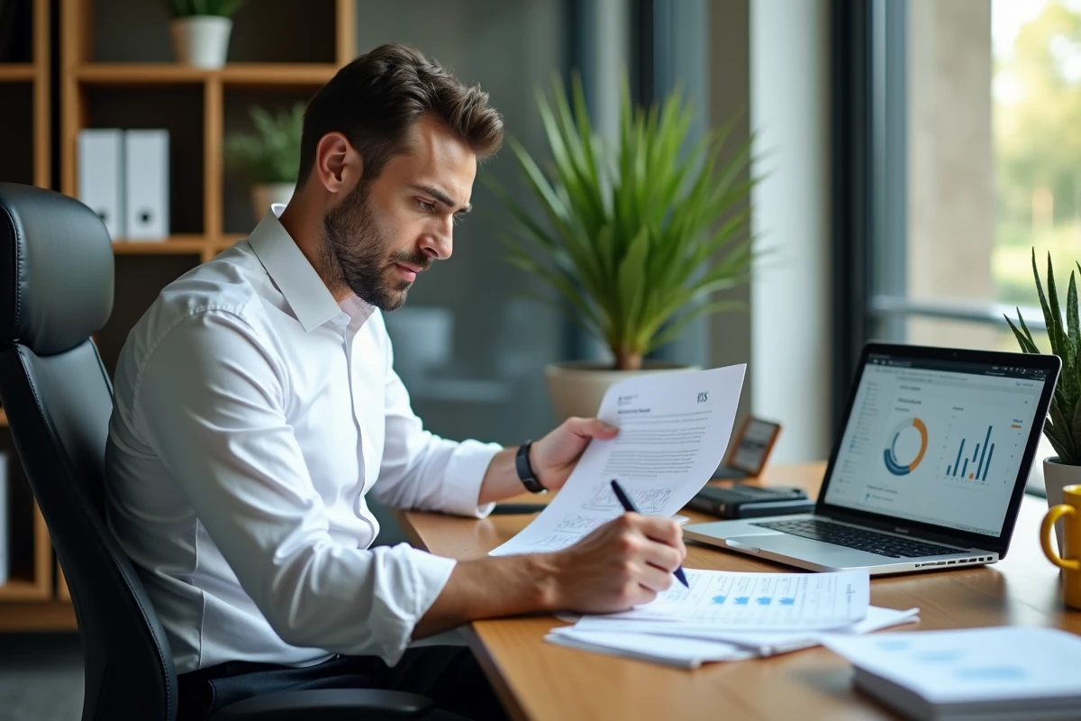 Manager La Poste analysant des rapports de performance et des indicateurs de gestion d'équipe dans son bureau