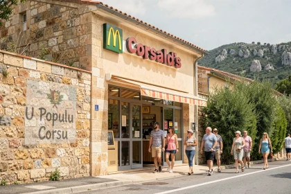 Devanture d'un McDonald's en Corse avec architecture méditerranéenne et tag identitaire corse sur un mur en pierre