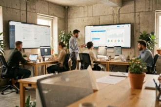 Équipe d'une agence web dans la Manche collaborant autour d'écrans affichant des maquettes de sites web