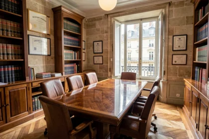Bureau d'avocat d'affaires à Bordeaux avec table de conférence, bibliothèque juridique et vue sur architecture haussmannienne
