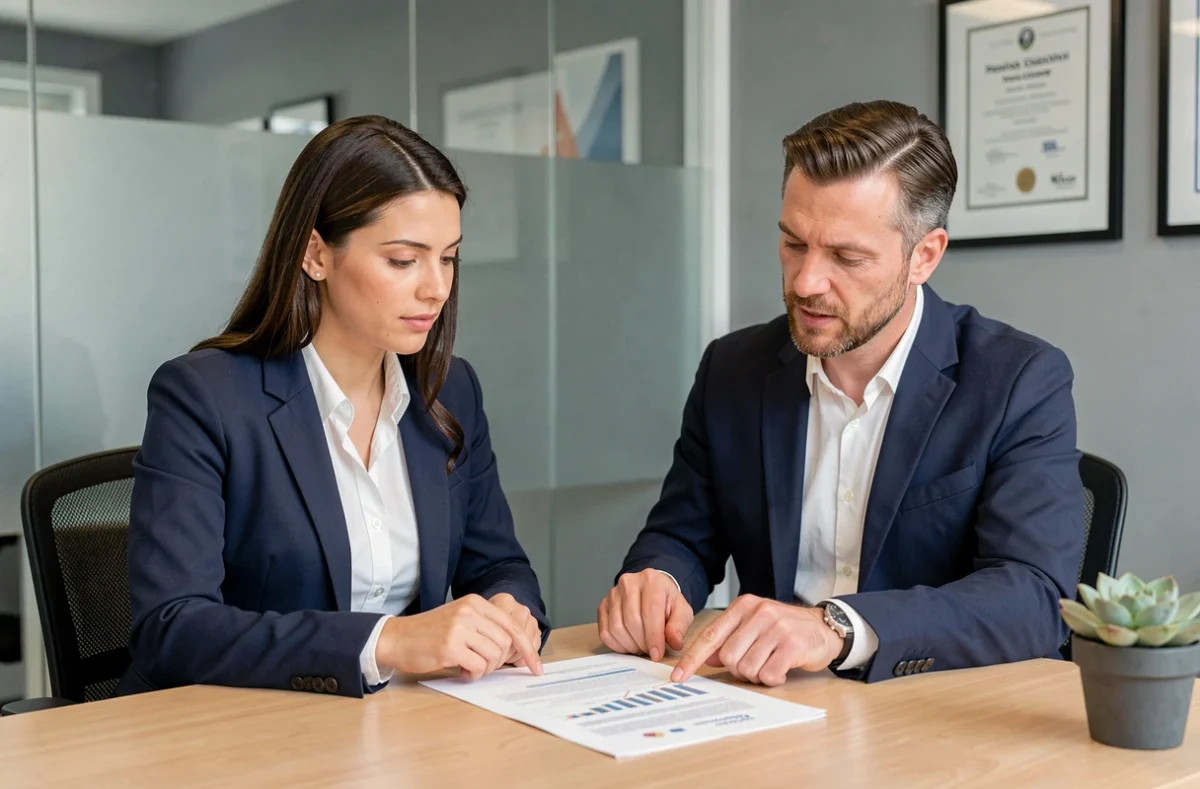 Micro-entrepreneuse discutant avec un conseiller financier de l'impact de la fin de l'ACRE sur ses charges sociales après un an d'activité
