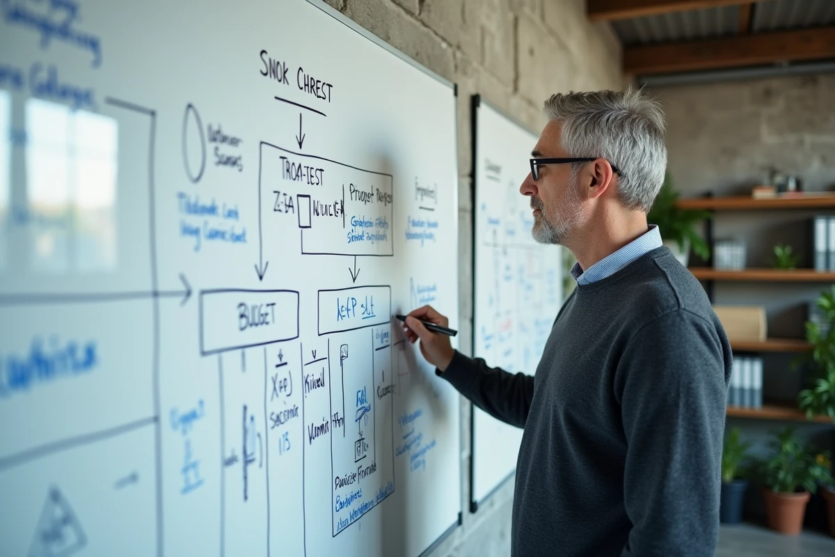 Directeur d'une association présentant un modèle économique durable sur un tableau blanc dans un espace de coworking