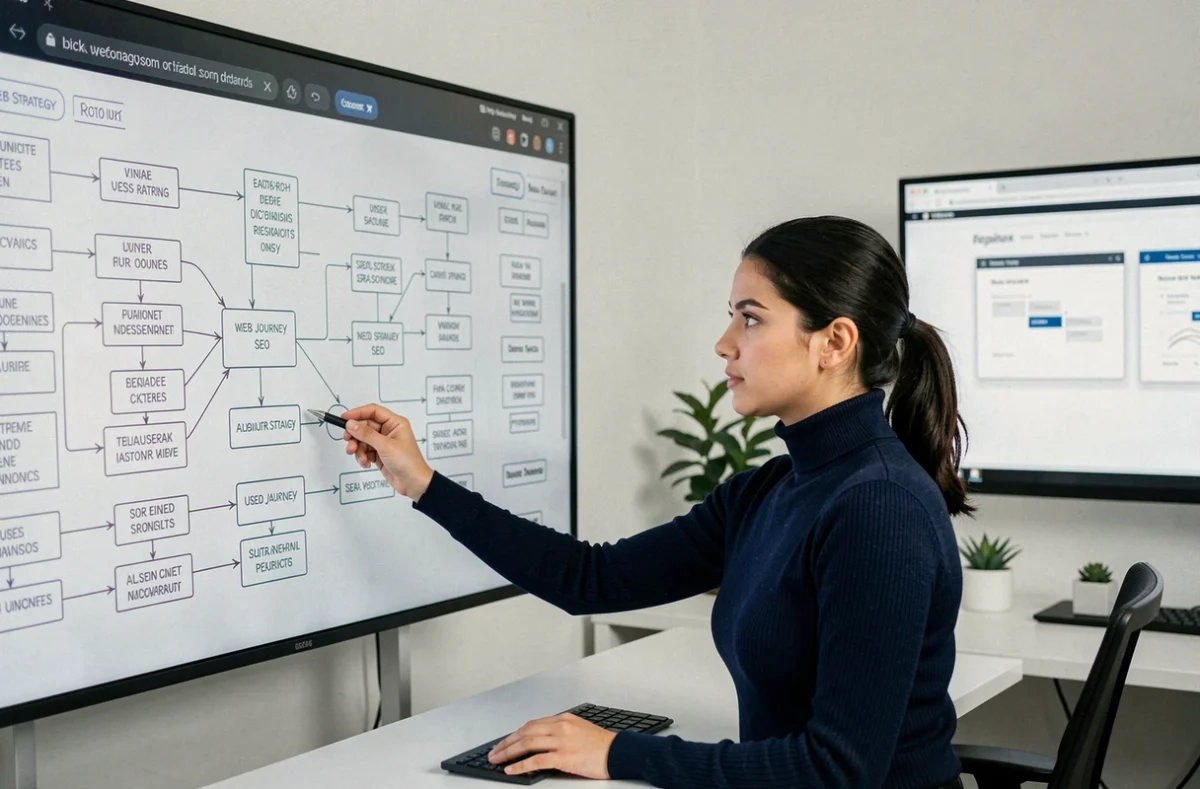 Consultante de l'agence Nocta élaborant une stratégie web digitale sur un tableau blanc interactif dans un bureau minimaliste