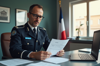 Officier RAID en uniforme examinant documents confidentiels