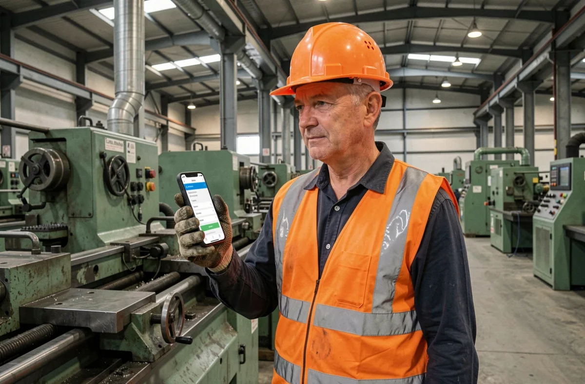 Ouvrier en usine consultant une application de calcul de salaire de nuit sur son smartphone pendant une pause