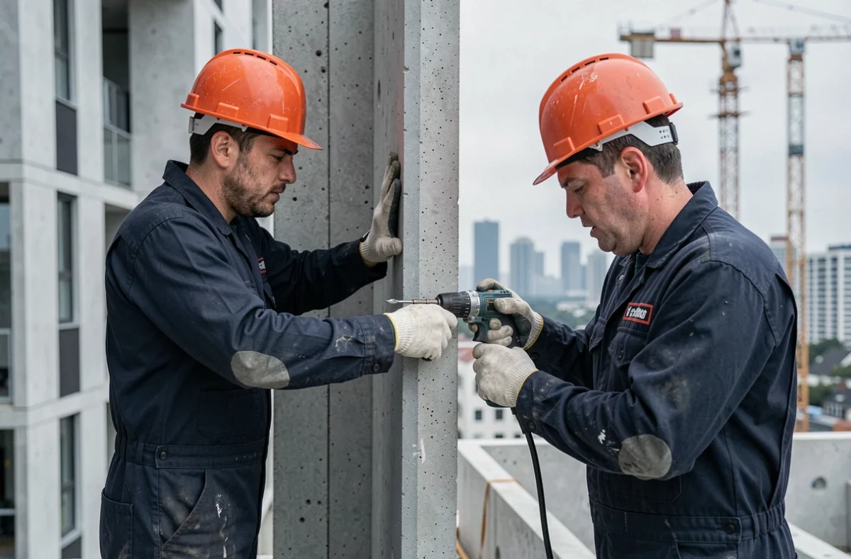 Ouvriers posant des panneaux modulaires préfabriqués sur un immeuble neuf en chantier