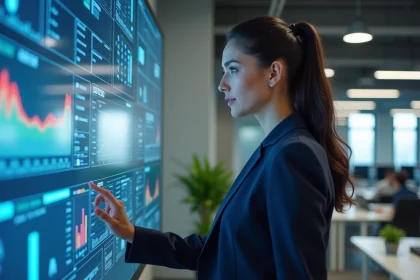 Femme analysant un tableau de bord de personnalisation numérique sur un écran interactif dans un bureau technologique moderne