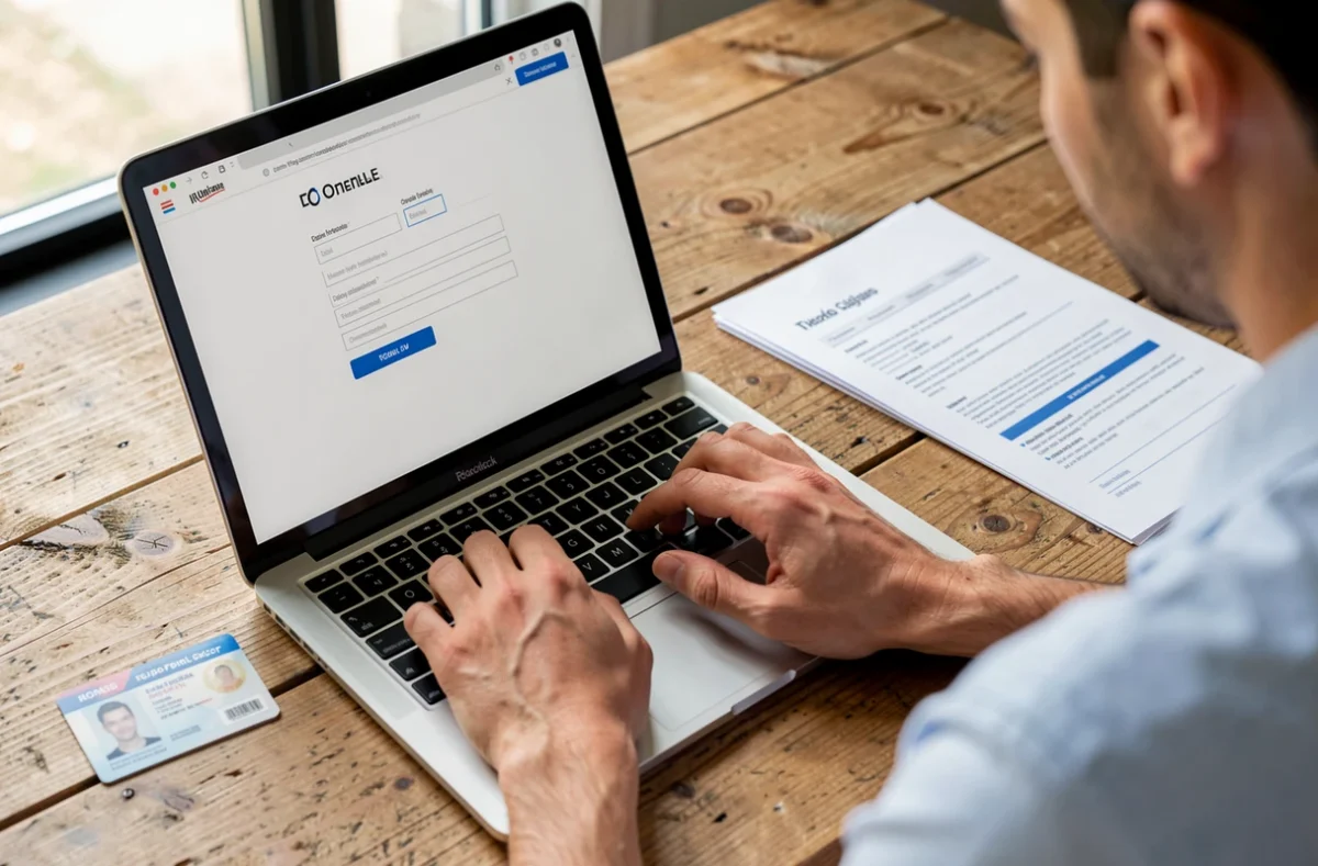 Personne qui remplit une déclaration d'activité en ligne sur un ordinateur